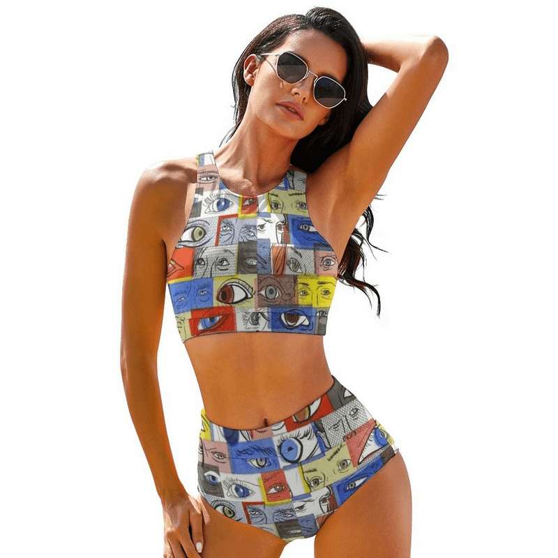 Stylish high-waist swimsuit with colorful eye pattern, perfect for beachwear.